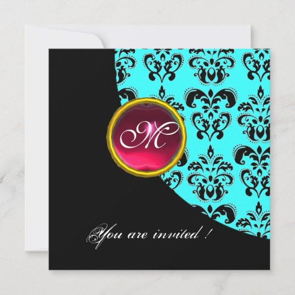 BLACK AND BLUE DAMASK MONOGRAM,red ruby,turquase Invitations