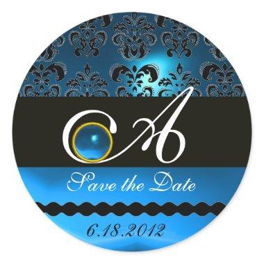 BLACK AND BLUE SAPPHIRE DAMASK MONOGRAM, CLASSIC ROUND STICKER