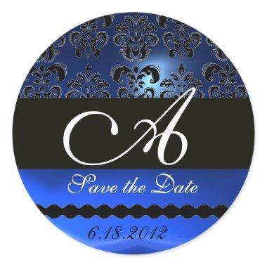 BLACK AND BLUE SAPPHIRE DAMASK MONOGRAM, CLASSIC ROUND STICKER