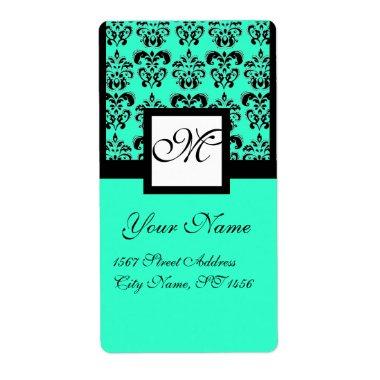 BLACK AND BLUE TURQUASE SQUARE DAMASK MONOGRAM LABEL