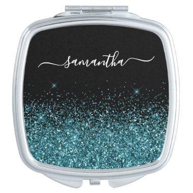Black and Dark Teal Glitter Elegant Name Compact Mirror