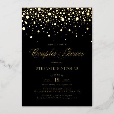Black and Gold Foil Confetti Dots Couples Shower Foil Invitations