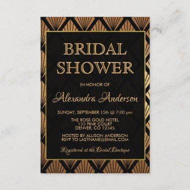 Black and Gold Foil Elegant Art Deco Bridal Shower Invitations