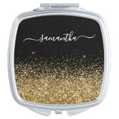 Black and Gold Glitter Elegant Name Compact Mirror