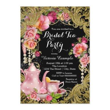 Black and Gold Glitter Rose Tea Party Invitations