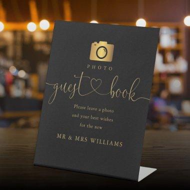 Black And Gold Heart Script Photo Guest Book Pedestal Sign