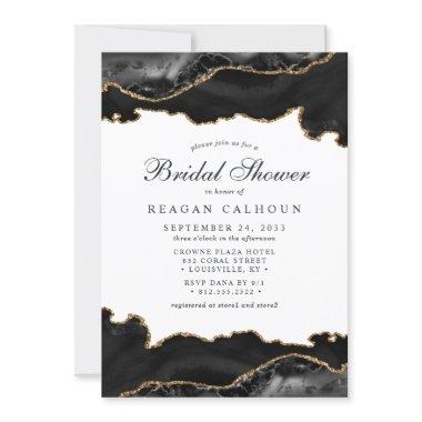 Black And Gold Marble Agate Modern Bridal Shower Invitations