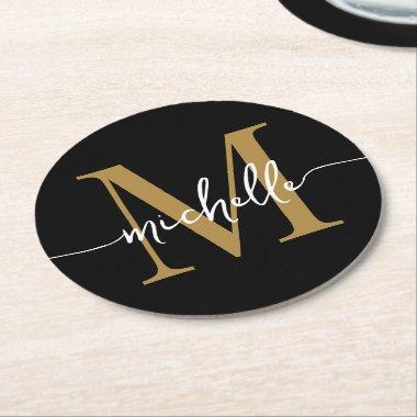 Black And Gold Monogram Name Elegant Script Round Paper Coaster