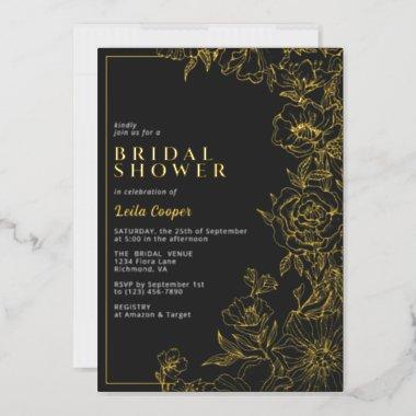 Black and Gold Ornate Elegant Moody Bridal Shower Foil Invitations