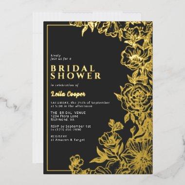 Black and Gold Ornate Elegant Moody Bridal Shower Foil Invitations