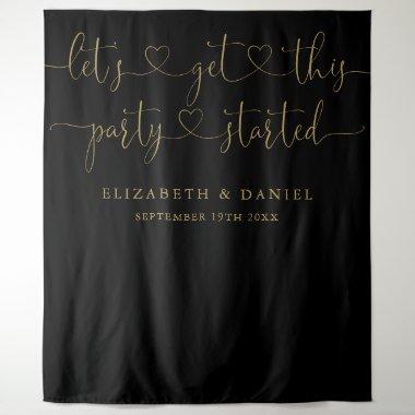 Black And Gold Party Started Heart Script Wedding Tapestry