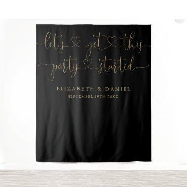 Black And Gold Party Started Heart Script Wedding Tapestry