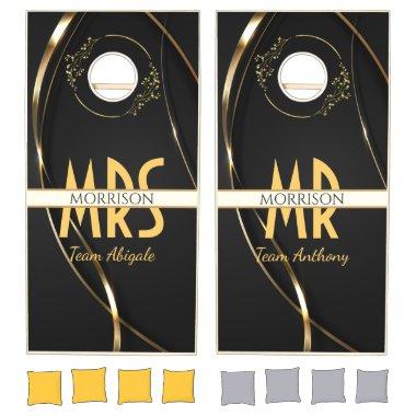 Black and Gold Ribbon Elegant Wedding Cornhole Set