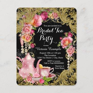 Black and Gold Rose Tea Party Invitations