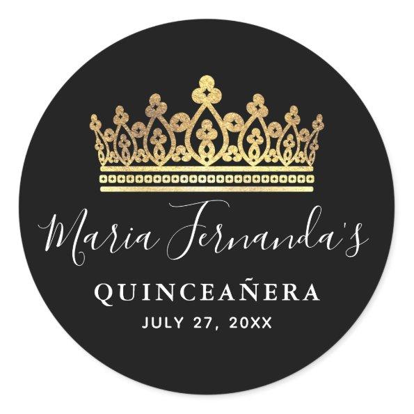 Black and Gold Royal Crown Elegant Quinceanera Classic Round Sticker