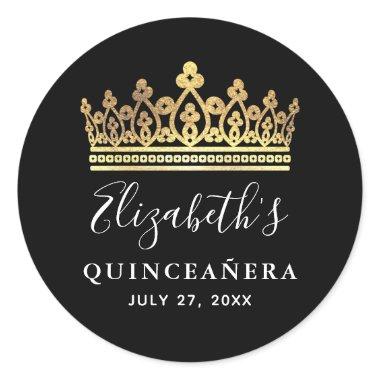 Black and Gold Royal Crown Elegant Quinceanera Classic Round Sticker