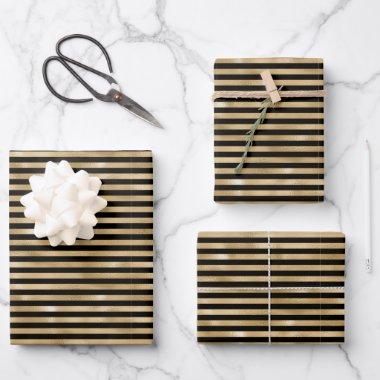 Black and Gold Striped Bridal Wedding Birthday Wrapping Paper Sheets