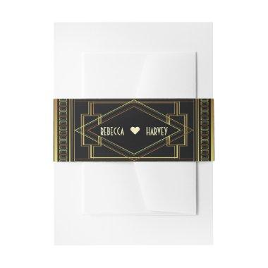 black and gold vintage great gatsby wedding Invitations belly band