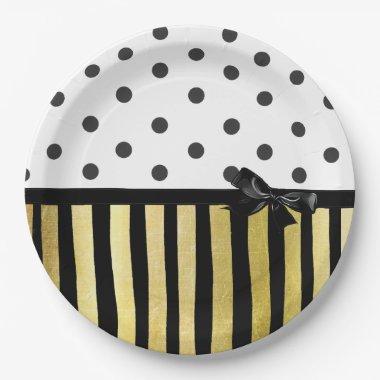 Black and Gpld Polka Dot Striped Paper Plate
