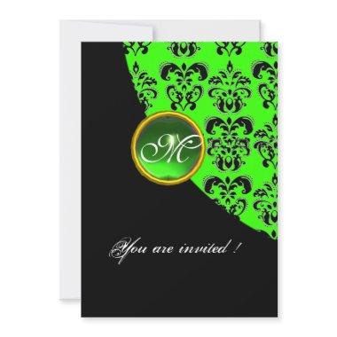 BLACK AND GREEN DAMASK MONOGRAM,emerald Invitations