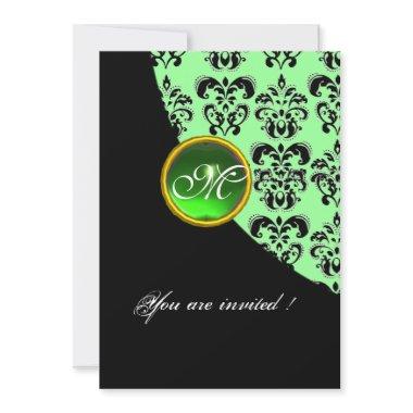 BLACK AND GREEN DAMASK MONOGRAM,emerald Invitations