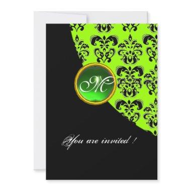 BLACK AND GREEN DAMASK MONOGRAM,emerald Invitations