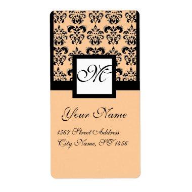 BLACK AND PINK SQUARE DAMASK MONOGRAM LABEL