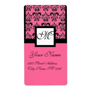 BLACK AND PINK SQUARE DAMASK MONOGRAM LABEL