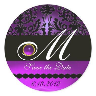 BLACK AND PURPLE DAMASK MONOGRAM, Amethyst Classic Round Sticker