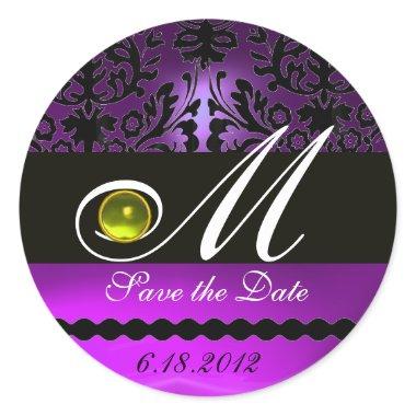 BLACK AND PURPLE DAMASK MONOGRAM, YellowTopaz Classic Round Sticker