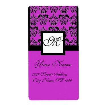 BLACK AND PURPLE SQUARE DAMASK MONOGRAM LABEL