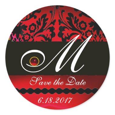 BLACK AND RED BURGUNDY DAMASK MONOGRAM, Ruby Classic Round Sticker