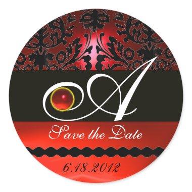 BLACK AND RED DAMASK MONOGRAM, Ruby Classic Round Sticker