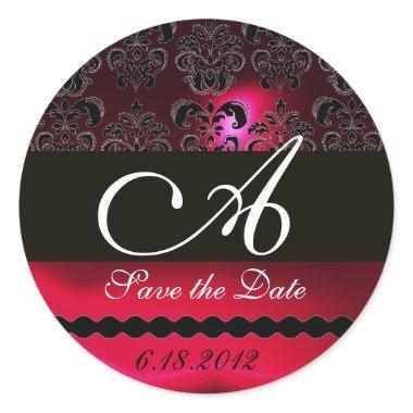 BLACK AND RED RUBY DAMASK MONOGRAM,burgundy Classic Round Sticker