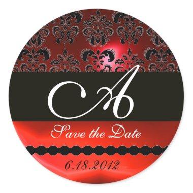 BLACK AND RED RUBY DAMASK MONOGRAM, CLASSIC ROUND STICKER
