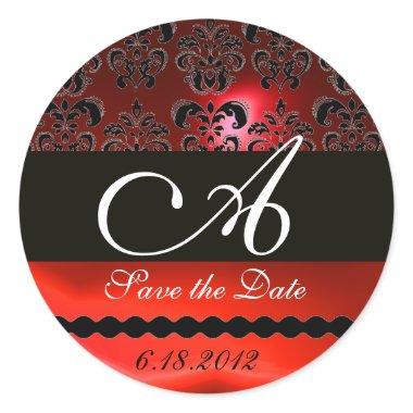 BLACK AND RED RUBY DAMASK MONOGRAM, CLASSIC ROUND STICKER