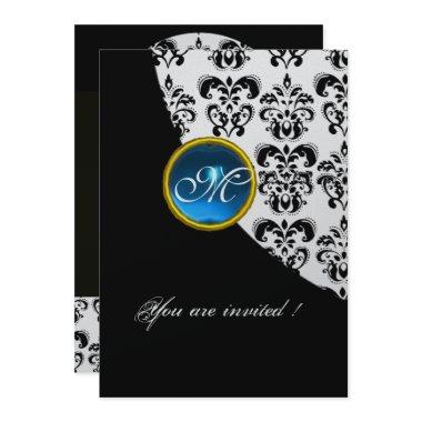 BLACK AND SILVER DAMASK MONOGRAM,blue sapphire Invitations