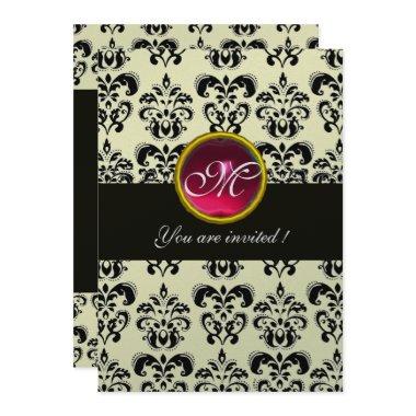 BLACK AND SILVER DAMASK MONOGRAM,red ruby white Invitations