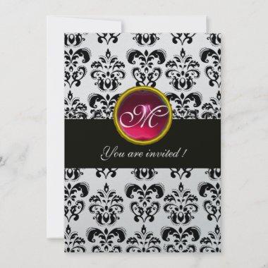 BLACK AND SILVER DAMASK MONOGRAM,red ruby white Invitations