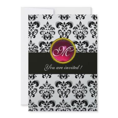 BLACK AND SILVER DAMASK MONOGRAM,red ruby white Invitations