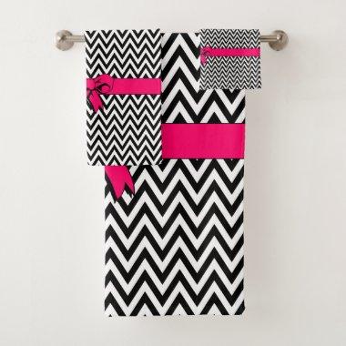 Black and White Chevron with Hot Pink Bow Bath Towel Set