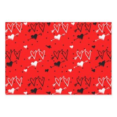 Black And White Cupids Heart Pattern Wrapping Paper Sheets