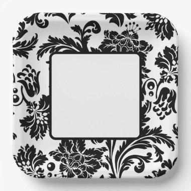 Black and white damask formal wedding paper plate