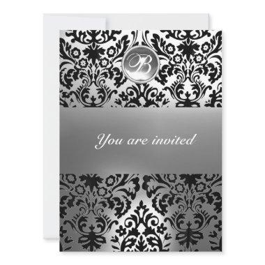 BLACK AND WHITE DAMASK GEM STONE MONOGRAM