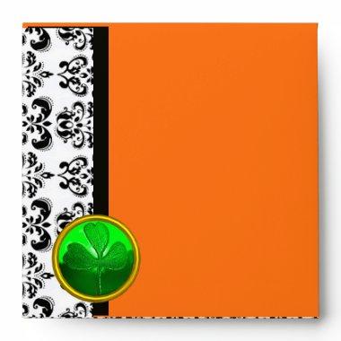 BLACK AND WHITE DAMASK ,GREEN SHAMROCK Orange Envelope