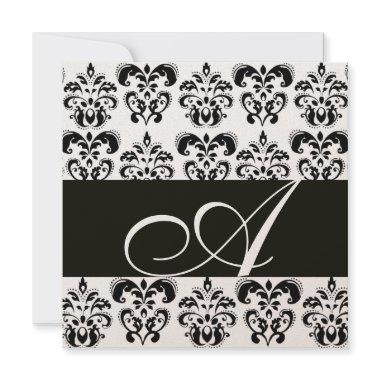 BLACK AND WHITE DAMASK MONOGRAM Chanpagne metallic Invitations