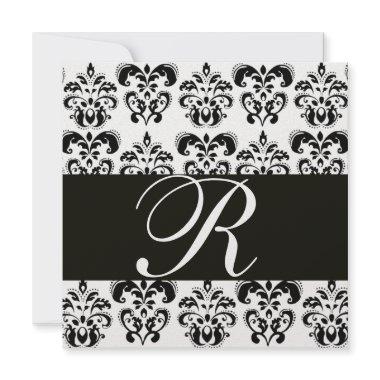 BLACK AND WHITE DAMASK MONOGRAM Ice metallic Invitations