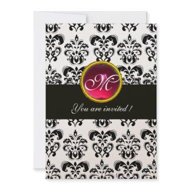 BLACK AND WHITE DAMASK MONOGRAM,red ruby,fuchsia Invitations