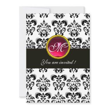 BLACK AND WHITE DAMASK MONOGRAM,red ruby ,fuchsia Invitations