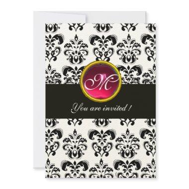 BLACK AND WHITE DAMASK MONOGRAM,red ruby,fuchsia